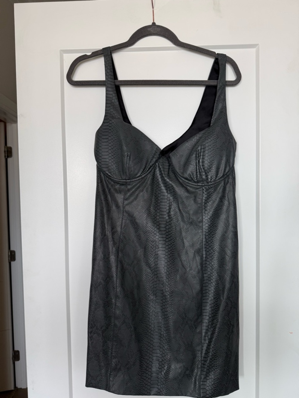 Naked Wardobe Faux Snake Leather Slip Dress in Charcoal Black